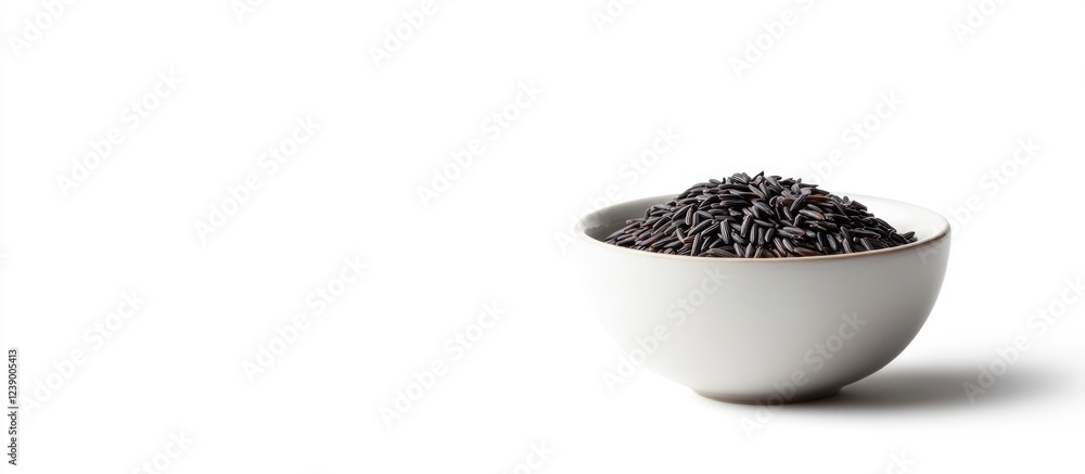 Poster black sesame seeds in a white bowl with ample copy space for text placement on a clean background