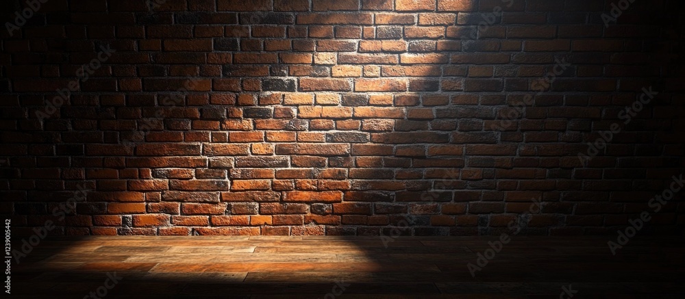 Poster interior with old rustic brick wall illuminated by a beam of light creating shadows and highlighting
