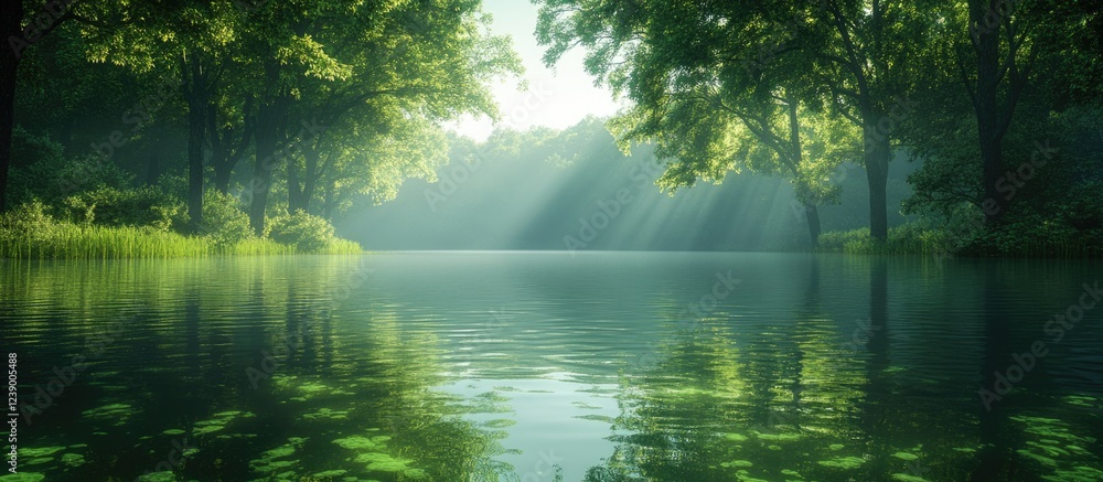 Poster lush green forest reflecting in calm lake water with sun rays filtering through trees copy space