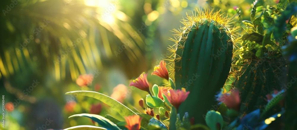 Aufkleber cacti and desert flowers in sunlight with soft bokeh and copy space for text