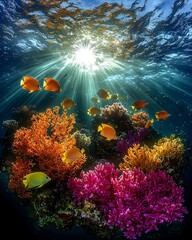 Obraz premium A vibrant underwater scene showcasing colorful coral reefs with yellow and orange fish swimming amongst pink and orange corals, illuminated by rays of sunlight filtering through the surface.