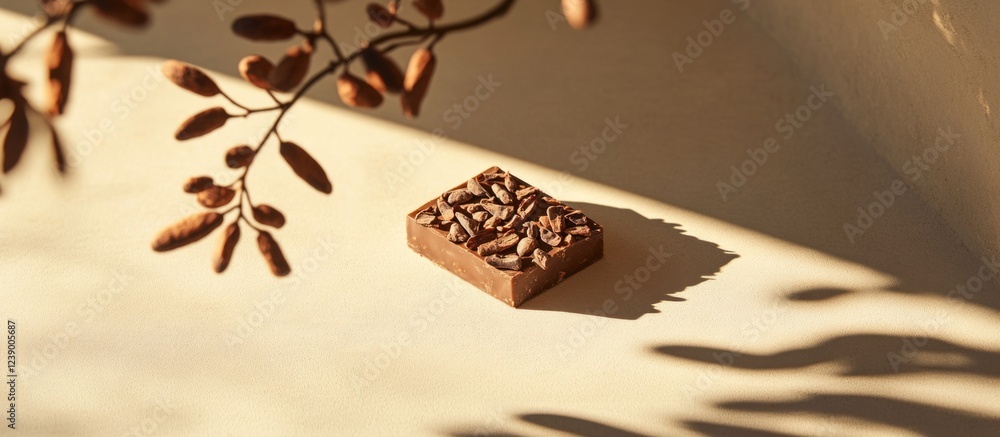 Poster chocolate square with nuts placed on a neutral background with soft shadows and decorative branch in