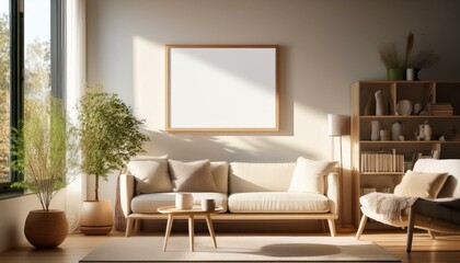 cozy home interior with blank frame and natural sunlight