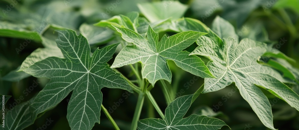 Poster close-up of green papaya leaves with intricate patterns and textures on a soft-focused natural backg