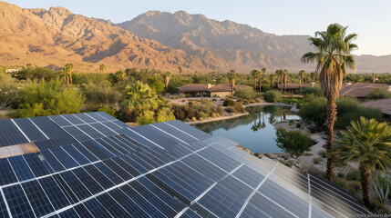 A breathtaking solar farm surrounds a lush oasis in the heart of the desert. Advanced photovoltaic panels absorb sunlight, powering irrigation systems that sustain vibrant palm tre