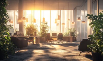 Sunlit Modern Office with Lush Greenery and Warm Lighting