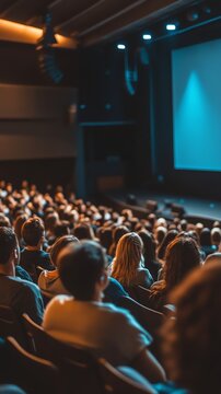 Audience attentively watching a presentation in a dimly lit auditorium with a large screen.