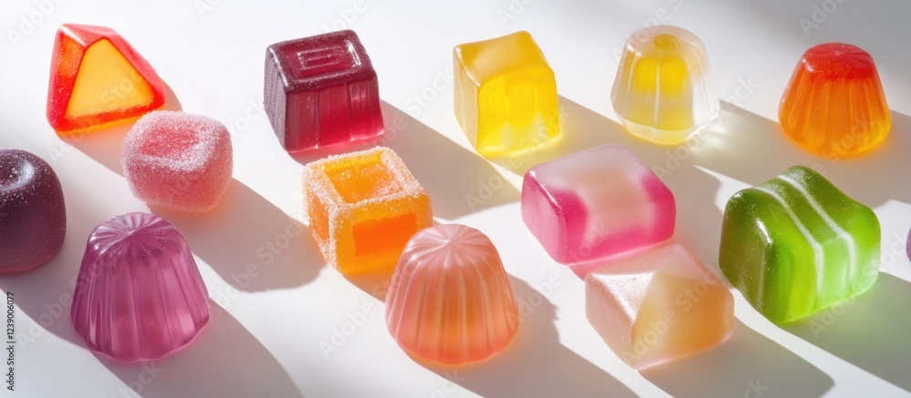 Poster colorful assorted jelly candies arranged in a pattern with soft shadows and bright reflections on a 
