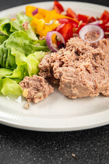 Salad tuna fish fresh vegetables and seafood fresh tasty food dish gourmet food background on the table rustic food top view copy space