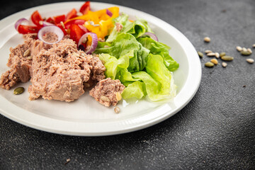 Salad tuna fish fresh vegetables and seafood fresh tasty food dish gourmet food background on the table rustic food top view copy space
