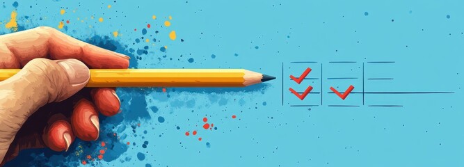 Checklist Concept with Yellow Pencil Ticking Checkbox on Blue Background for Business and Planning