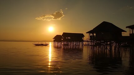 Obraz premium Sunset over stilt houses, calm lake, boat. Tourism, travel