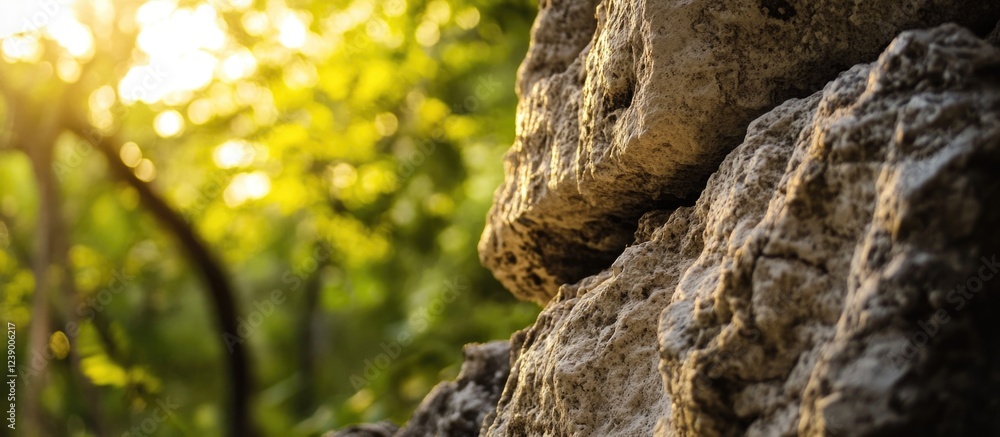Poster close-up view of textured rock with sunlight filtering through greenery in the background, natural s