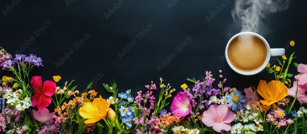 Poster coffee cup with steam surrounded by colorful flowers on a dark background with copy space for text p