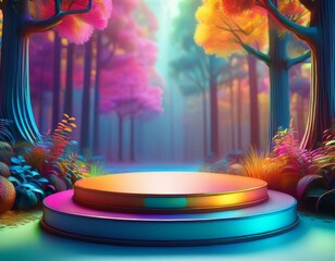 colorful 3d podium stand in a whimsical forest