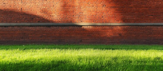 Vibrant green grass in front of a textured red brick wall with shadows and copy space for text insertion