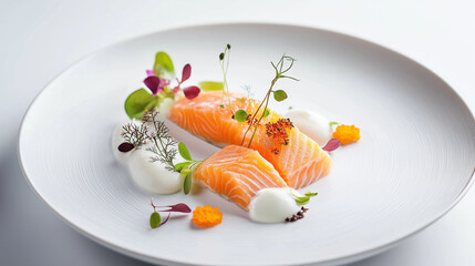 Poached salmon with creamy sauce, edible flowers, and microgreens, elegantly arranged on a white plate with soft side lighting.