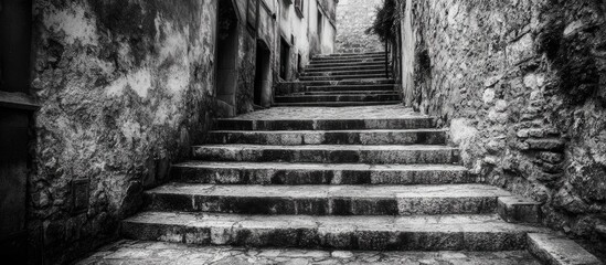 Obraz premium Stone staircase leading upwards through a narrow alleyway with textured walls in black and white Copy Space