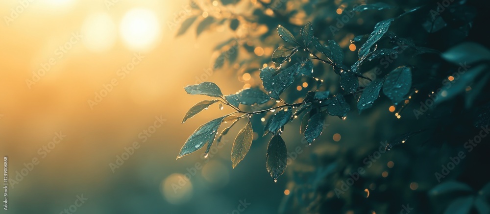 Poster close-up of green leaves with water droplets in soft sunlight with a blurred background and copy spa