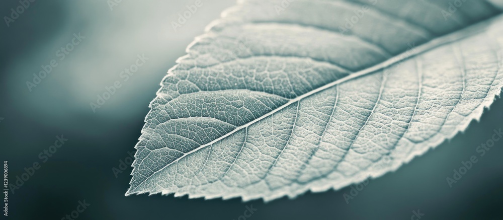 Poster close-up of a textured green leaf with a soft blurred background featuring copy space for text inser