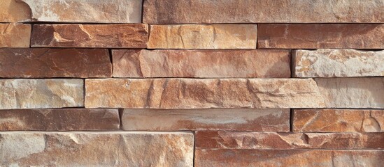 Textured wall of natural stone bricks in warm earthy tones with layered arrangement ideal for architectural backgrounds and design elements Copy Space