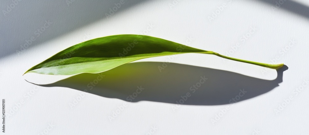 Poster green leaf on white surface casting shadow with copy space for text