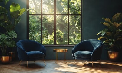 Minimalist Scandinavian Living Room with Blue Chairs and Gold Side Table