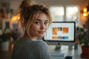 Woman Designing Her Website on Computer in Serene Workspace