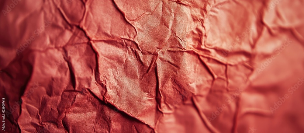 Aufkleber close-up of crumpled red textured paper with visible creases and folds copy space