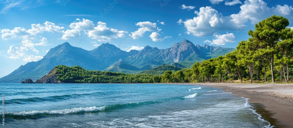 Aufkleber scenic view of a tranquil beach with mountains in the background and blue sky with clouds copy space