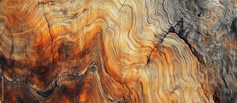 Poster abstract textured background of polished wood with wavy patterns in warm orange and gray tones with 