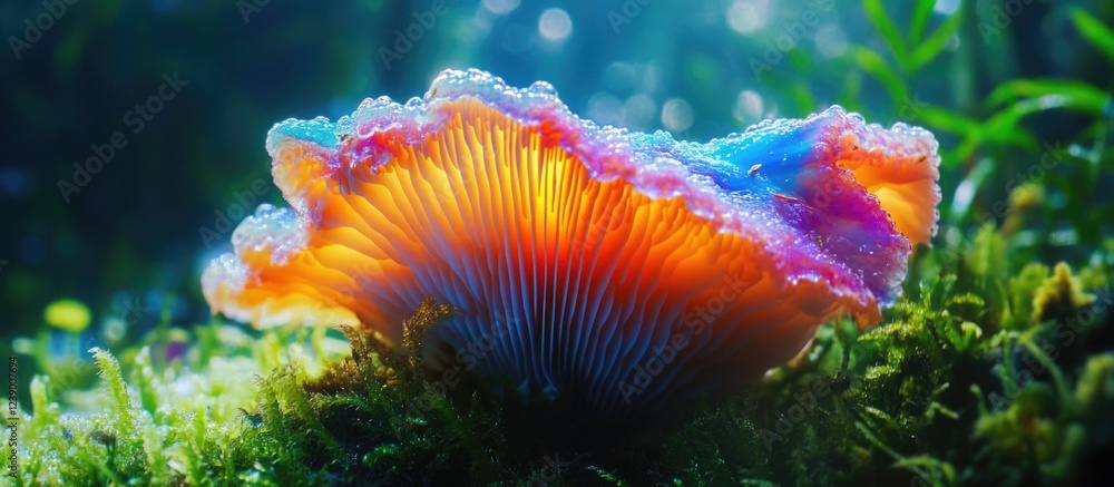 Poster colorful bioluminescent mushroom in a forest setting with soft focus and rays of light creating a ma
