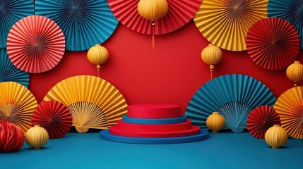 Obraz premium Colorful backdrop with decorative fans and lanterns, ideal for festive themes.
