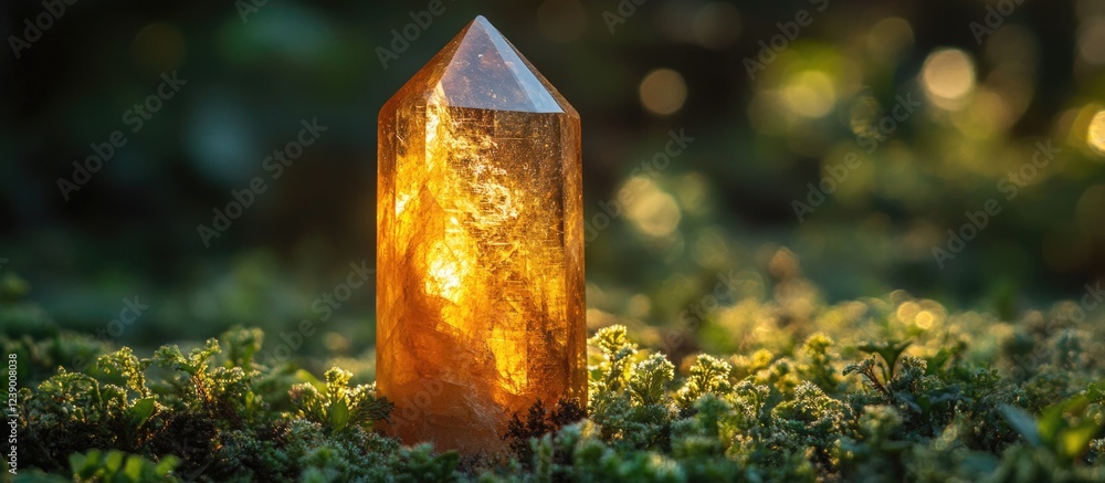 Poster amber crystal gemstone on moss with bokeh background copy space for text