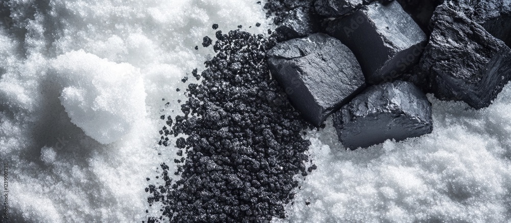 Poster black coal and white salt on textured surface with contrasting colors and copy space for text placem