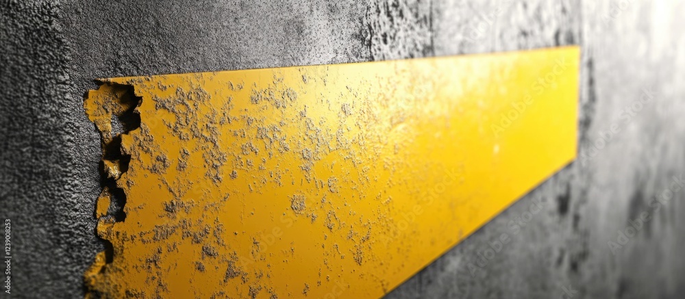 Poster weathered yellow stripe on a textured gray surface with peeling paint and damage, featuring copy spa