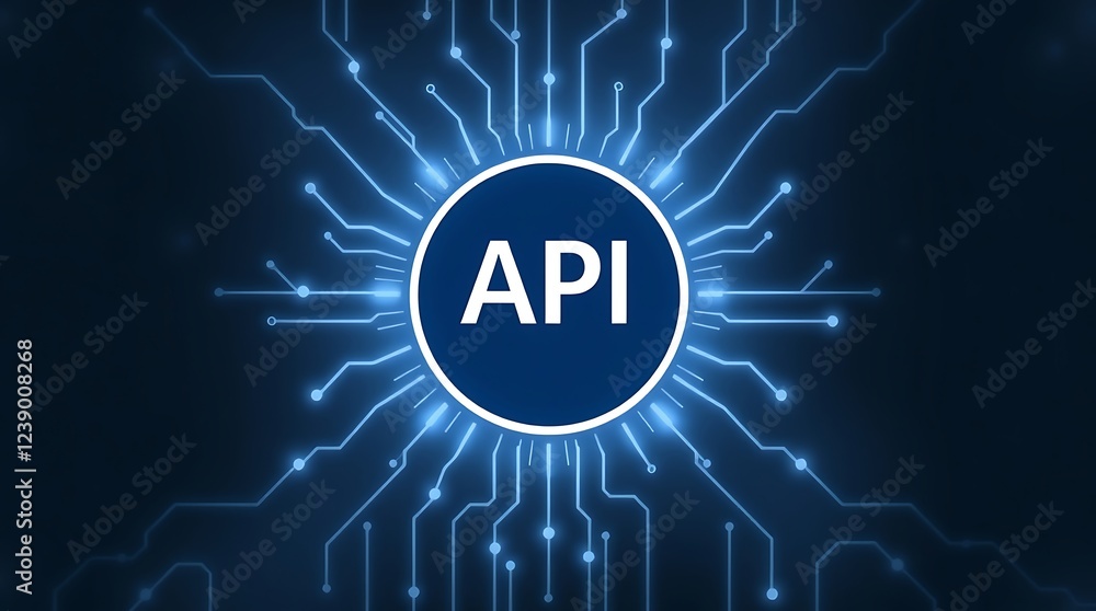 Poster api symbol embedded within a futuristic, glowing blue gear, connected to a complex circuit board
