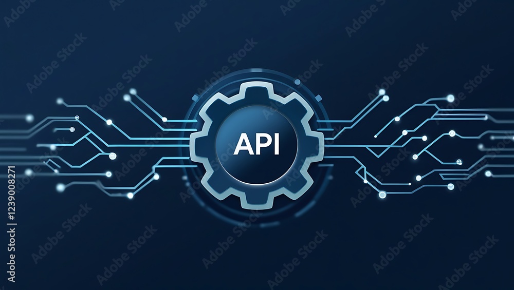 Poster api symbol embedded within a futuristic, glowing blue gear, connected to a complex circuit board