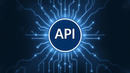 API symbol embedded within a futuristic, glowing blue gear, connected to a complex circuit board	