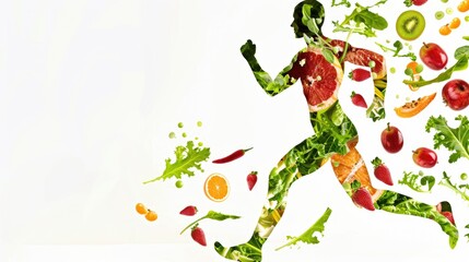 Naklejka premium Dynamic silhouette of running person filled with fresh fruits and vegetables on white background representing healthy lifestyle