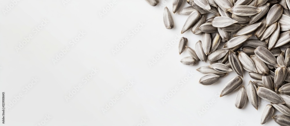 Poster sunflower seeds arranged on a white background with ample copy space for text placement