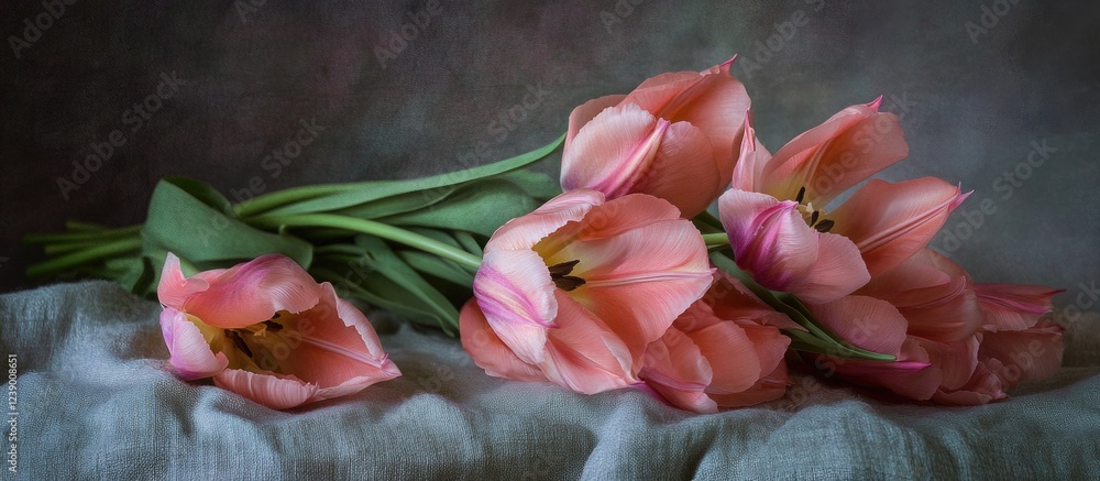 Poster pink tulips arranged on textured fabric with soft focus background and ample copy space for textual 