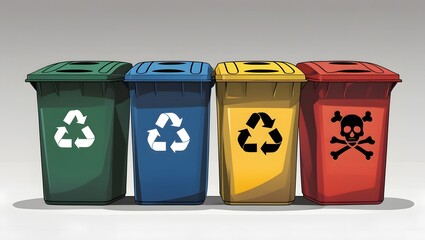 Illustration of various types of trash cans: green, yellow, blue, red, wet waste, recyclable waste, general waste, hazardous waste on a white background.