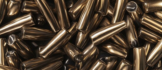 Close-up of brass bullet casings piled together with a shiny metallic finish Copy Space