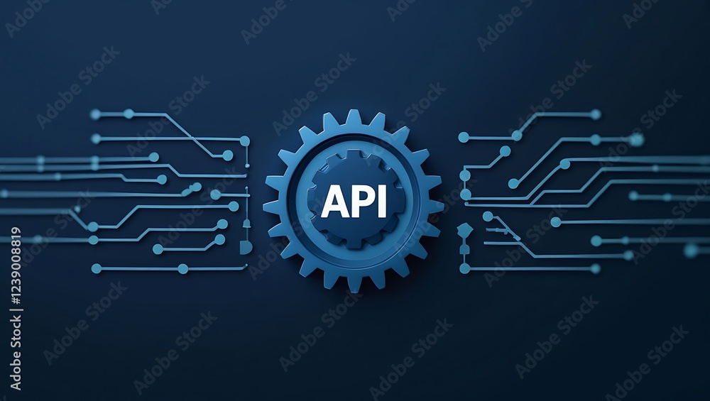 Poster api symbol embedded within a futuristic, glowing blue gear, connected to a complex circuit board