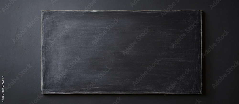 Poster black chalkboard with a wooden frame on a dark background displaying ample copy space for text or gr