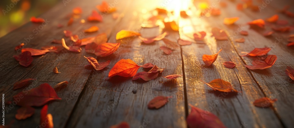 Aufkleber fallen autumn leaves on weathered wooden surface with warm sunlight creating a soft glow in the back