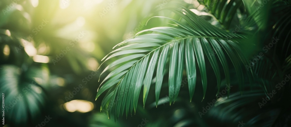 Poster lush green tropical leaves with sunlight filtering through, creating a textured natural background w