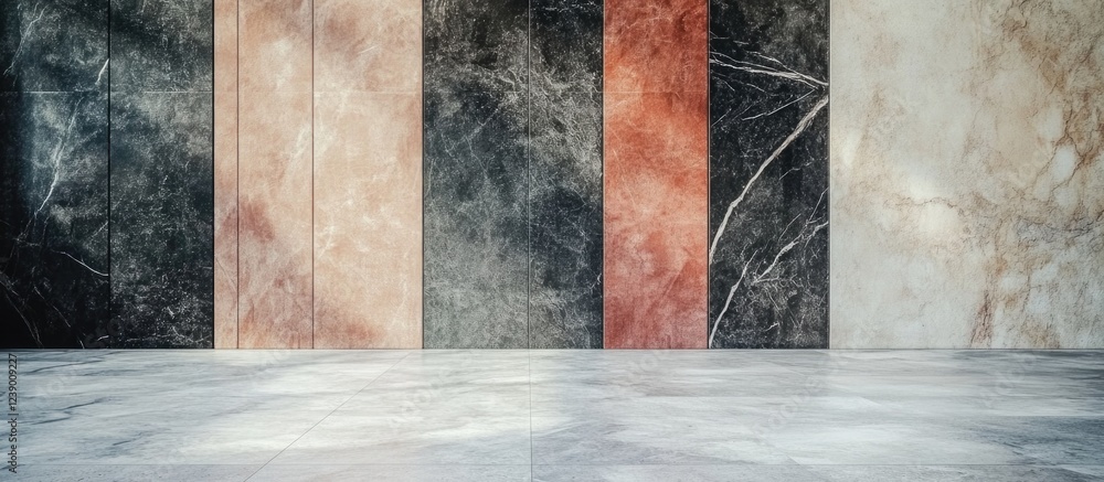 Poster marble textured wall panels in various colors with marble floor and copy space for text placement.