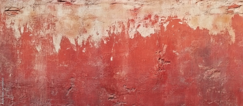 Poster abstract textured background of weathered plaster wall in red tones with visible cracks and peeling 